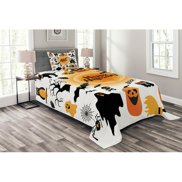 Trick Or Treat Happy Halloween White Backdrop Durable Lightweight Quilted for Bedroom Decor All Season Bed Reversible Down Alternative Blanket King 